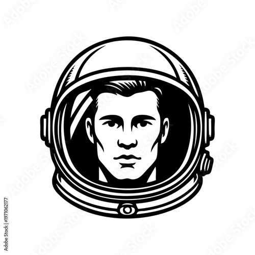Logo exploración del espacio. Dibujo sencillo con líneas de la cabeza de un hombre con casco de astronauta 
