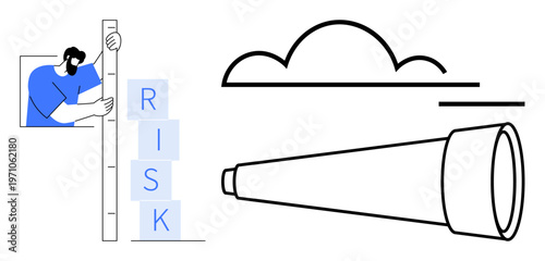 Business strategy, risk management, decision-making, forecasting, opportunity analysis, monitoring. Person measuring risk with blocks, telescope and cloud. Risk management and business strategy