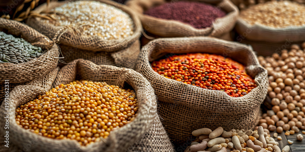 Obraz premium Colorful grains and legumes in burlap sacks arranged for display