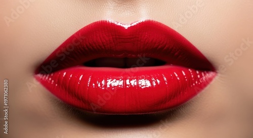 Close-up of luscious, glossy red lips with vibrant lipstick, showcasing beauty and allure in a striking detail shot.