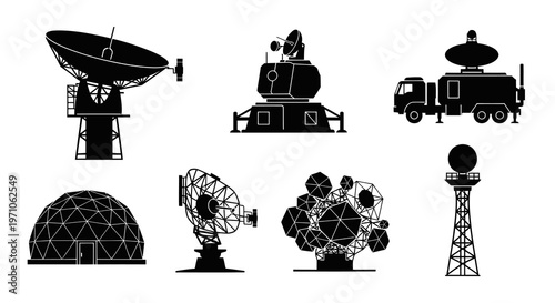 Technology Radar  Communication Systems Black and White Silhouette Vector Icons Set