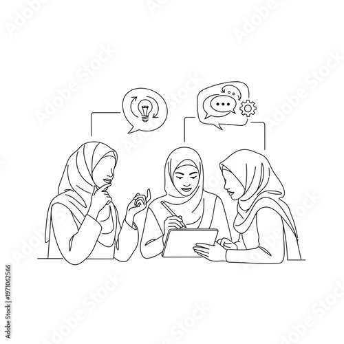Three women wearing headscarves discussing ideas.