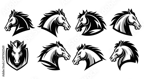 Dynamic Sports Horse Head Mascot Logo Vector Set - Stylized Black and White Stallion Emblem