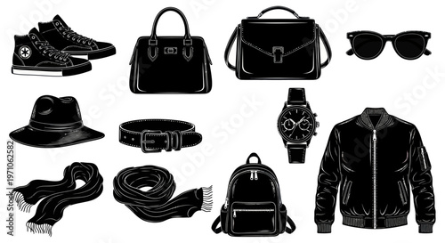 Fashion Apparel and Accessories Collection Black  White Glyph Vector Illustration