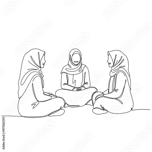 Three Women Wearing Headscarves Sitting.