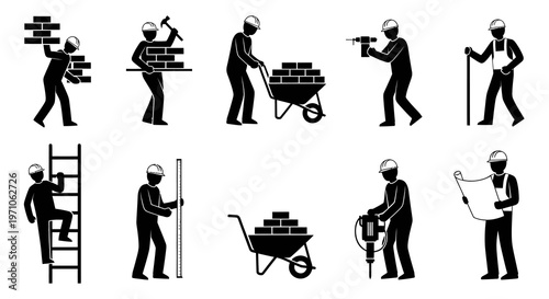 Construction Industry Workers and Building Tools Glyph Icon Set