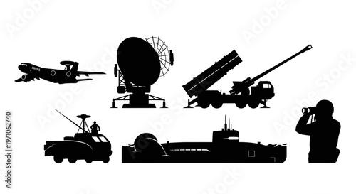 Military Defense Equipment Silhouettes Vector Set: Air Force, Army, Navy Assets, Radar, Soldier