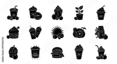 Food and Drink Solid Glyph Icons: Summer Desserts, Beverages, Healthy Fruits  Fast Food