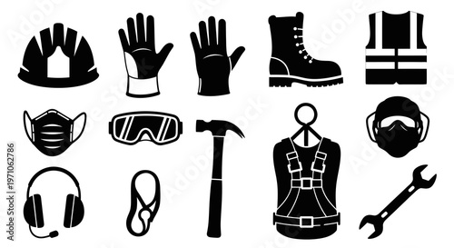 Construction and Industrial Safety Equipment Black Glyph Icons