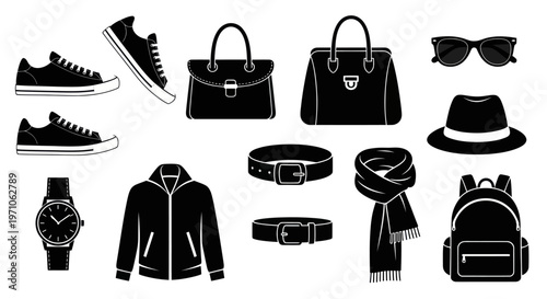 Fashion Apparel  Accessories Silhouette Icons Set: Wardrobe Essentials