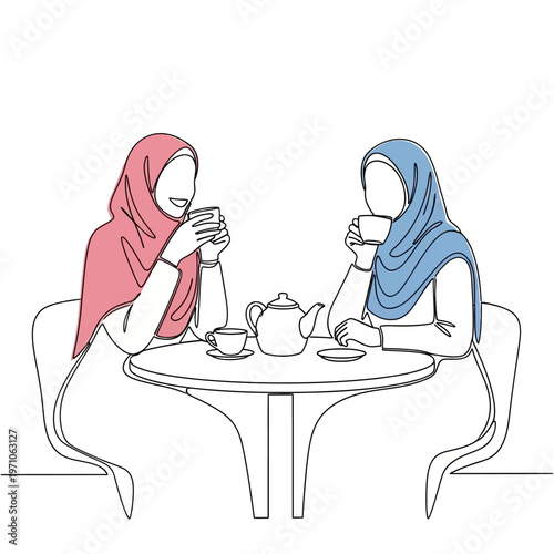 Two Muslim Women Wearing Hijab Sitting.