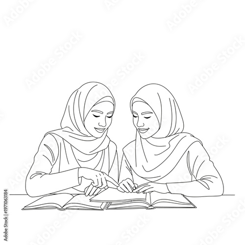 Two women wearing headscarves reading book.