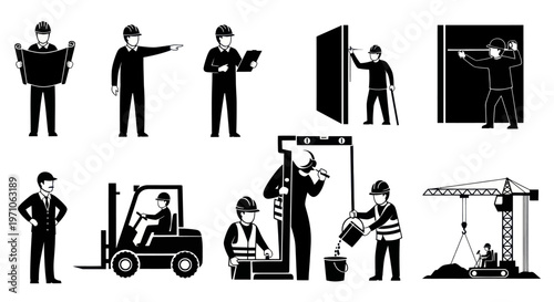 Construction Industry Professions and Equipment Black  White Glyph Icons Set