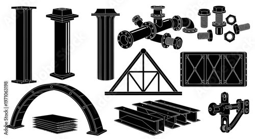 Construction and Engineering Architectural Elements Vector Set - Industrial Parts Black  White Silhouettes