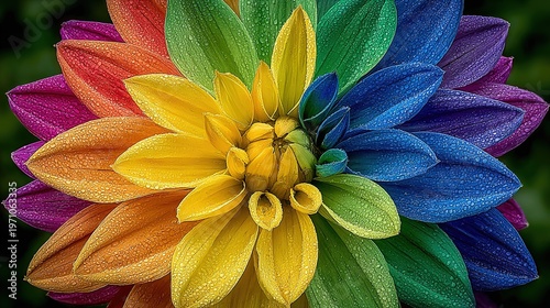 Abstract art photography, the colorful petals of a rainbow dahlia create a dreamy color vortex against a dark background.