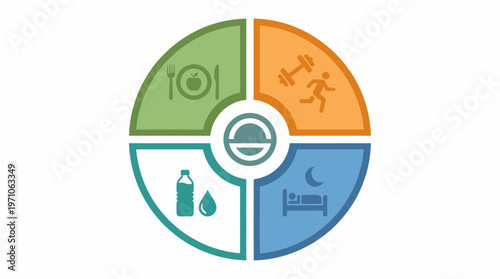Infographic shows daily routine with exercise, food, sleep, and hydration in a circle.