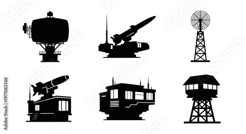 Military Defense System Silhouettes Icons Set: Radar, Missiles, Towers, Buildings