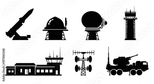Military Defense Technology Equipment Silhouettes  Glyphs: Radar, Missile, Tower  Communication Icons