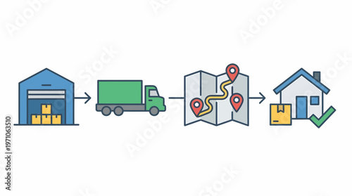 The infographic illustrates delivery process from warehouse to home via truck and map.