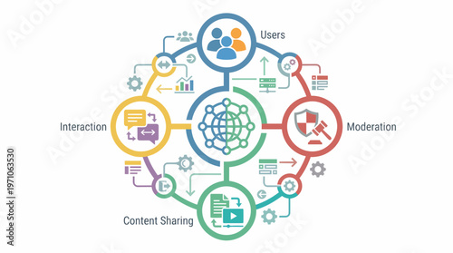 Infographic illustrating Users, Moderation, Interaction, Content Sharing online.