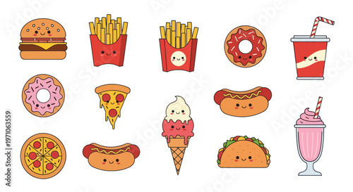 Cute Kawaii Flat Cartoon Fast Food, Snacks  Drinks Icon Set - Food Industry Vector Illustration