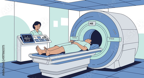 Patient undergoing MRI scan in a modern medical facility with a technician operating the machine.