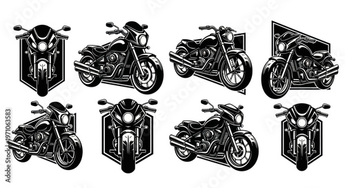 Automotive Motorcycle Chopper Cruiser Vector Black and White Line Art Illustration Set