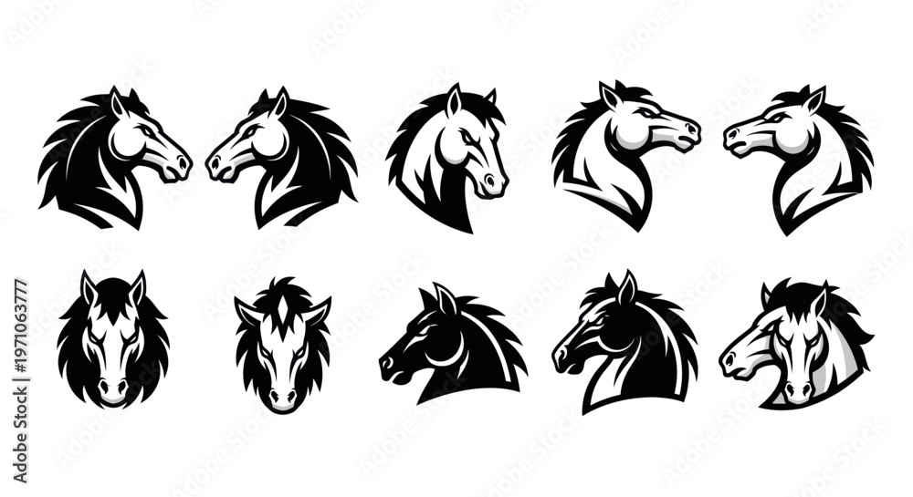 Fototapeta premium Equestrian and Sports Horse Head Mascot Logos Vector Set Black White Graphic Illustration