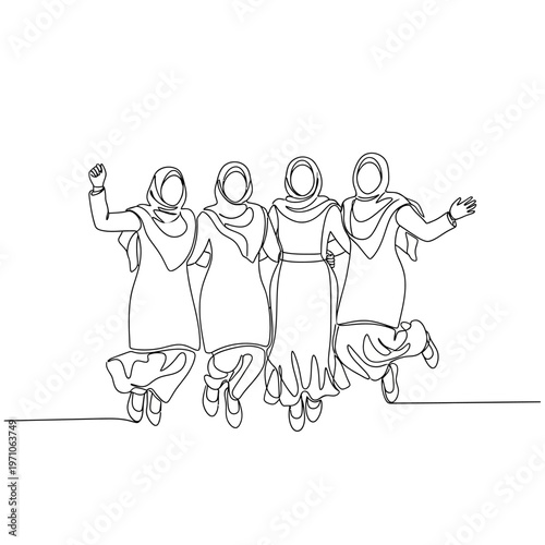 Four Women Wearing Hijabs Jumping.
