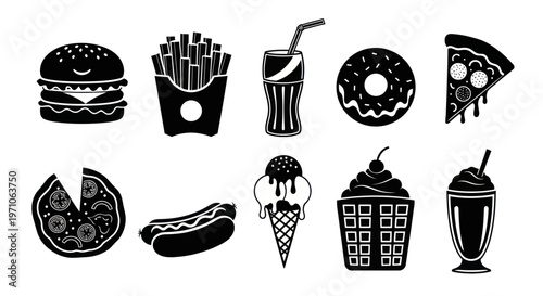 Black and White Fast Food  Dessert Glyph Icons Set
