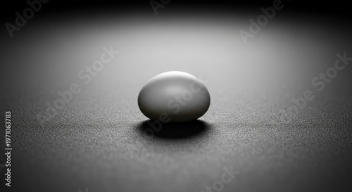 A single white egg dramatically lit on a dark, minimalist surface with strong shadows.