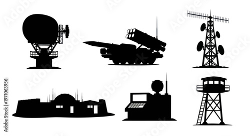 Military Defense Technology Vector Silhouettes. Set of Radar, Missile System, Towers  Base.