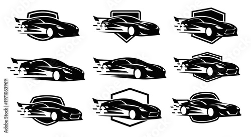 Automotive Racing Sports Car Vector Logo Set - Black  White Silhouette Emblems