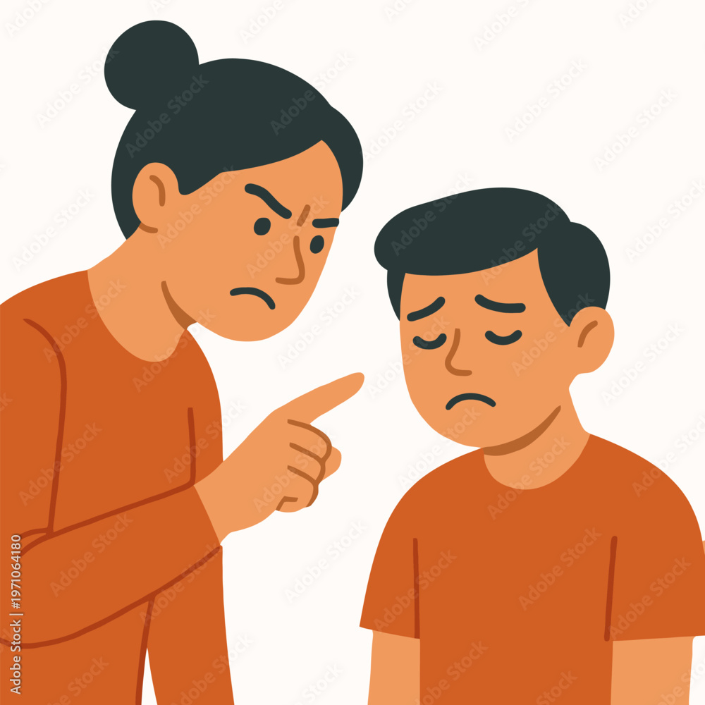 Fototapeta premium A mother sternly scolding her son. Childhood complexes and low self esteem.