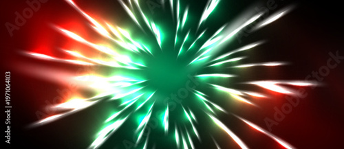 Bright explosion radiates outward. Green dominates center, red surrounds edges. White streaks highlight dynamic energy. Dark background contrasts vivid colors.