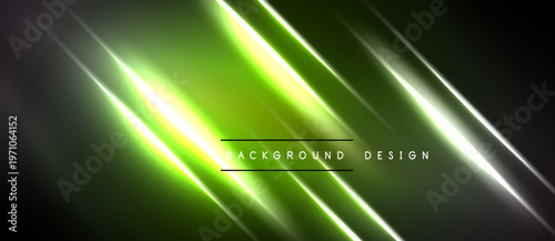 Abstract neon lines create dynamic glowing effect. Dark background emphasizes bright green, yellow gradients. Modern design element.