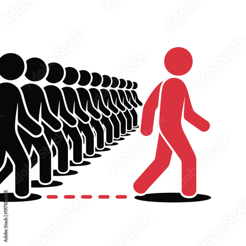 A red figure stands out from a crowd of black figures