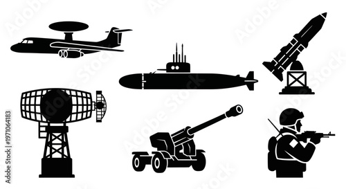 Military Defense Equipment Weapons Vehicles Soldier Icons Set in Black Silhouette Style