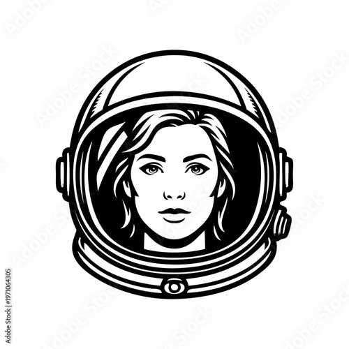 Logo exploración del espacio. Dibujo sencillo con líneas de la cabeza de una mujer con casco de astronauta 