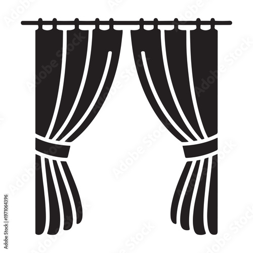 A black silhouette of a drawn curtain tied back on both sides on a white background.