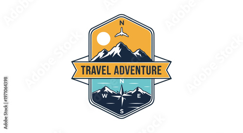 Flat Graphic Travel Adventure Emblem Badge with Mountains, Airplane, and Compass Illustration