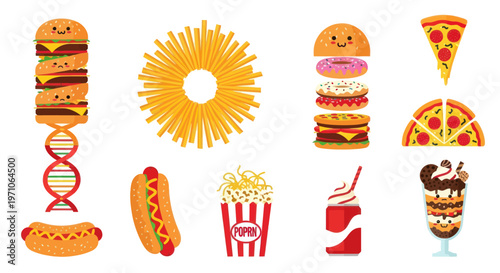 Flat Vector Cartoon Fast Food Junk Food Icons Set: Burgers, Pizza, Hot Dogs, Fries, Donuts, Sweets, DNA
