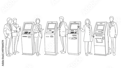Passengers Scanning Passports and Printing Boarding Passes, CAD Blueprint Technical Line Style, White Background