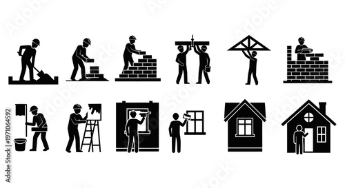 Construction Building Workers Glyph Icons Set - House Construction Stages and Professions