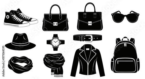 Fashion Accessories Apparel Glyph Vector Icons Set - Black  White Lifestyle Collection