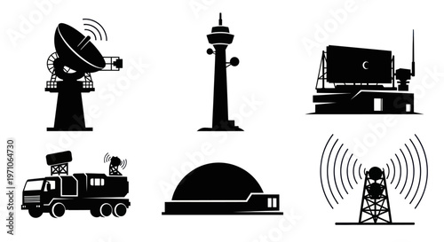 Radar Communication Technology Black Silhouette Vector Icons