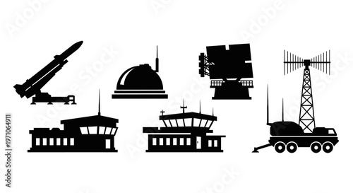 Military Defense Technology Icons: Missile Launchers, Radar, Control Tower Silhouettes