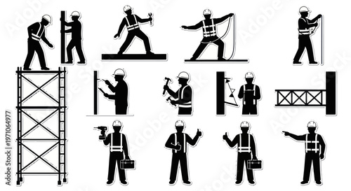 Construction Industry Workers Activities and Building Elements Glyph Icons Set