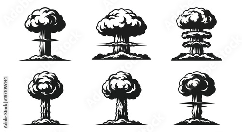 War  Conflict Industry: Atomic Mushroom Clouds Vintage Black  White Graphic Set