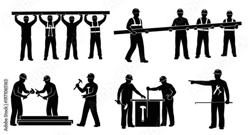 Construction Workers Teamwork Glyph Silhouette Icons Set